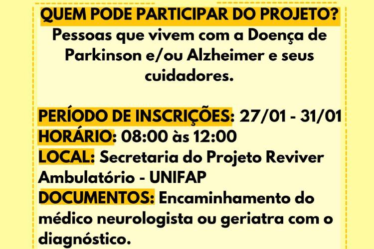 Projeto de extensão “Reviver” abre inscrições para pessoas com Parkinson e Alzheimer